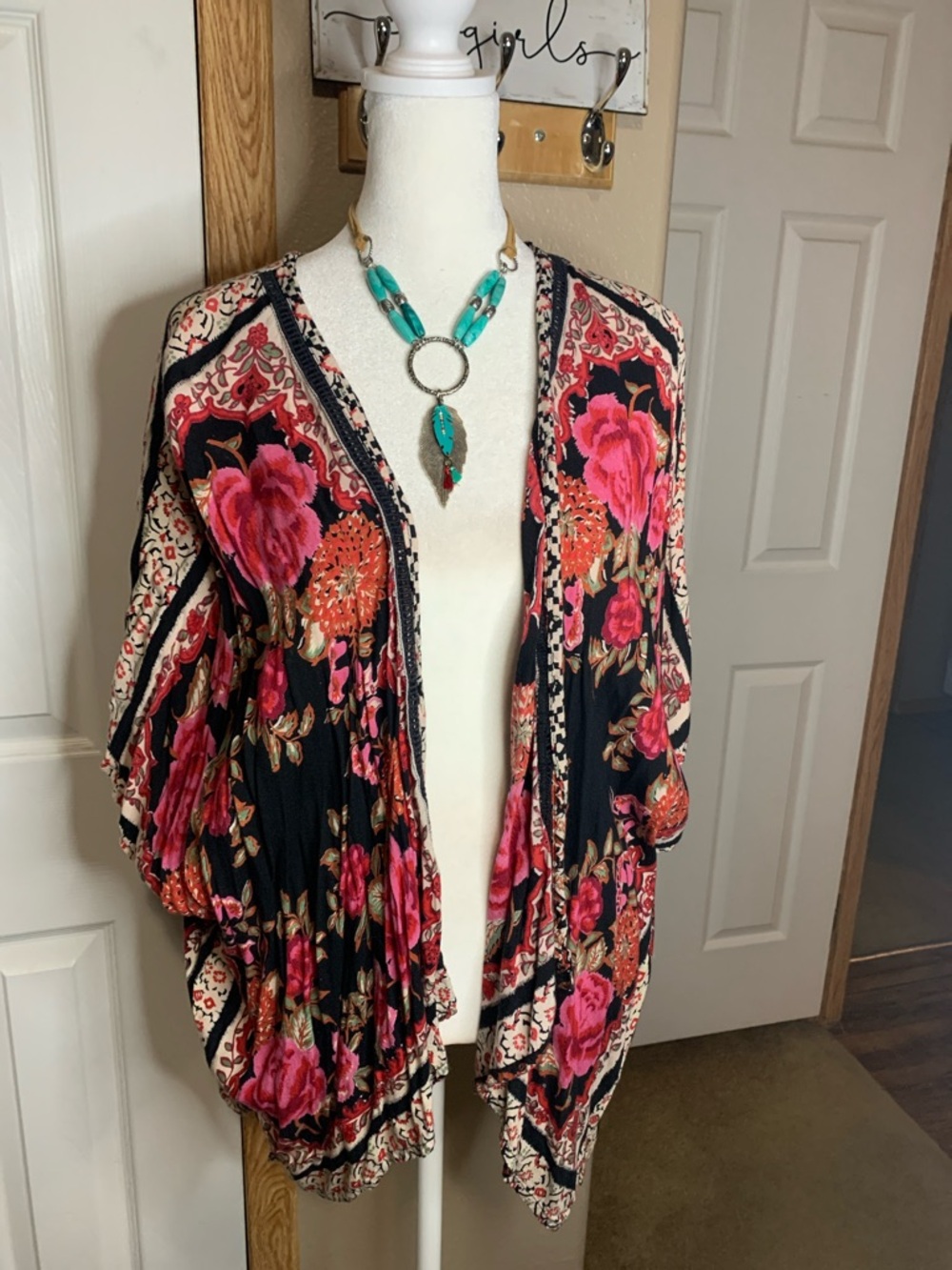 ANGIE Black Floral Rose Open Front Kimono Cover-Up